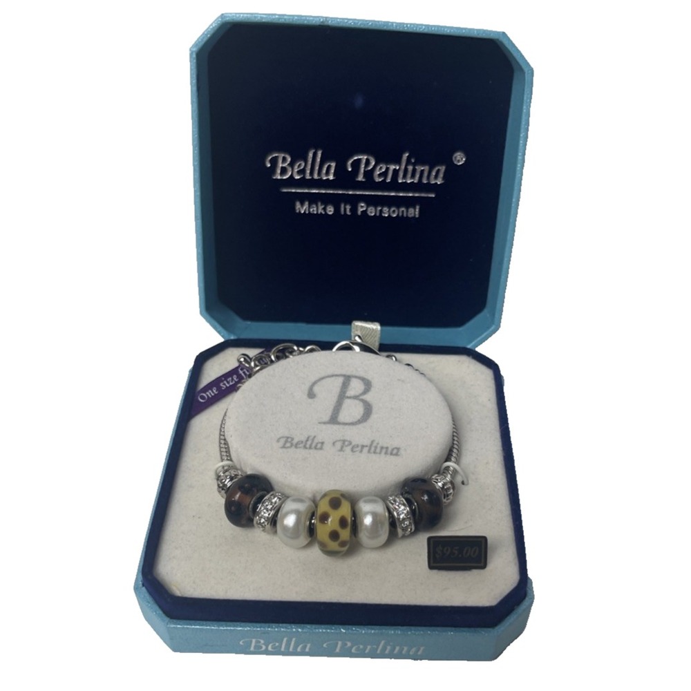 Bella Perlina Sliding Charm Bracelet Neutral Brown Silver Crystals NIB